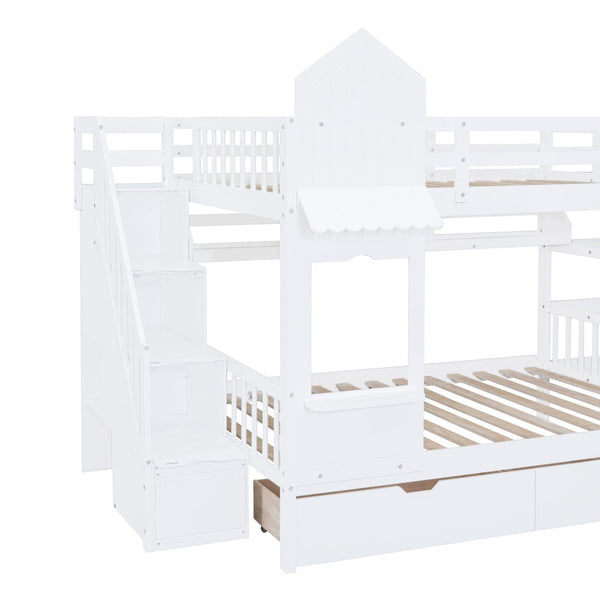 English Elm Full-over-full Castle Bunk Bed with Slide Drawers Shelves Pinewood Kids Frame LT000558AAK-2