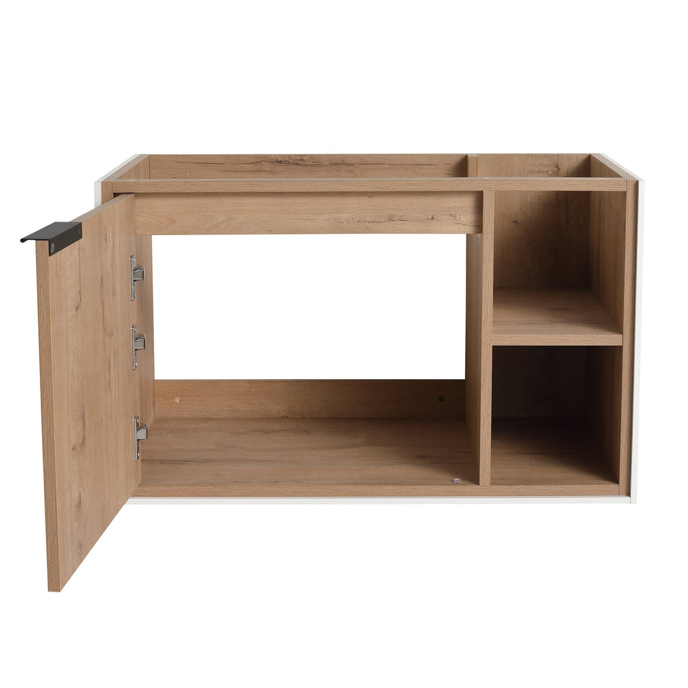 English Elm 30'' 30" Floating Wall-Mounted Vanity Cabinet with Soft-Close Door, Plywood Trim, Open Shelves, Metal Handle W999P145695