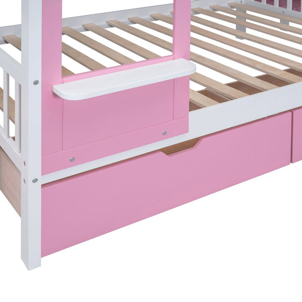 English Elm Full-over-full Castle Bunk Bed with Slide Drawers Shelves Pinewood Kids Frame LT000558AAH-3