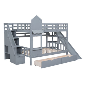 English Elm Full-over-full Castle Bunk Bed with Slide Drawers Shelves Pinewood Kids Frame Gray LT000558AAE-3