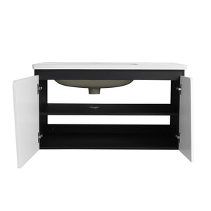 English Elm 36'' Floating Wall-Mounted Vanity with Ceramic Basin, Soft-Close Double Doors, Water-Resistant Ply Finish W999S00130