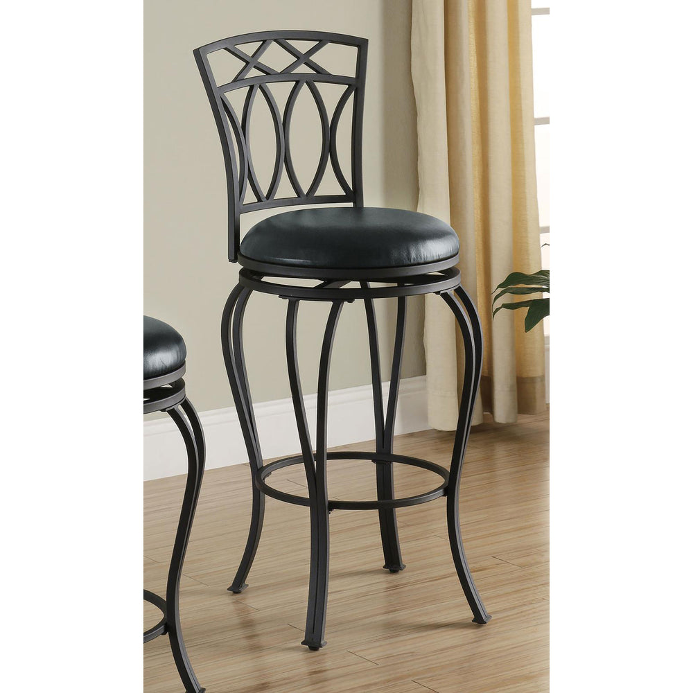 English Elm Black Swivel Bar Stool Upholstered Seat, Curved Metal 360° Auto-Return, Black Leatherette Comfort B062P145672