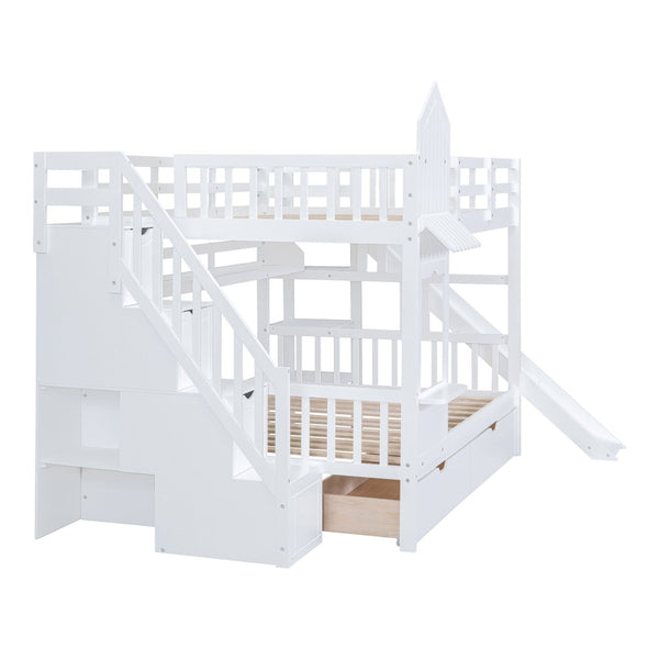 English Elm Full-over-full Castle Bunk Bed with Slide Drawers Shelves Pinewood Kids Frame White LT000558AAK-3
