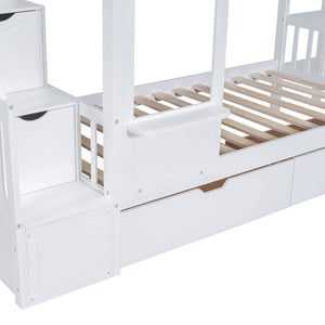 English Elm Twin-over-twin Castle Bunk Bed with Slide Storage Drawers and Shelves for Kids White LT000559AAK-1