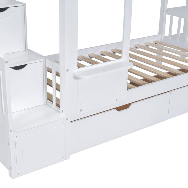 English Elm Twin-over-twin Castle Bunk Bed with Slide Storage Drawers and Shelves for Kids White LT000559AAK-2