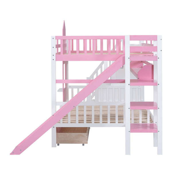 English Elm Full-over-full Castle Bunk Bed with Slide Drawers Shelves Pinewood Kids Frame LT000558AAH-3
