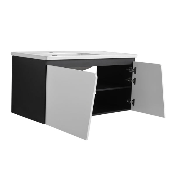 English Elm 40'' 40" Floating Wall-Mounted Bathroom Vanity with Ceramic Sink, Soft-Close Doors, Plywood Reinforced Durability PMID W999S00131
