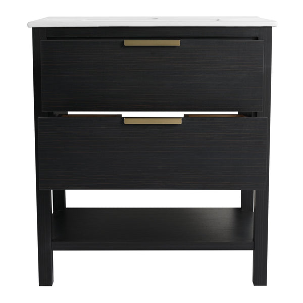 English Elm 30 30 Inch Bathroom Vanity Plywood with 2 Soft-Close Drawers, Freestanding Wood Feet, Water-Resistant Melamine W999140825