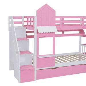 English Elm Twin-over-twin Castle Bunk Bed with Slide Storage Drawers and Shelves for Kids Pink LT000559AAH-3