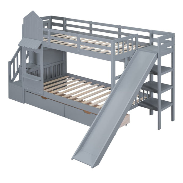English Elm Twin-over-twin Castle Bunk Bed with Slide Storage Drawers and Shelves for Kids Gray LT000559AAE-1