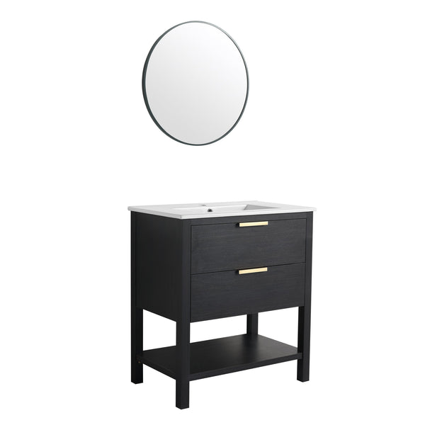 English Elm 30 30 Inch Bathroom Vanity Plywood with 2 Soft-Close Drawers, Freestanding Wood Feet, Water-Resistant Melamine W999140825
