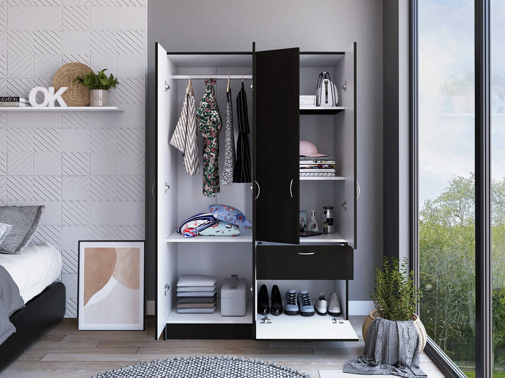 English Elm Armoire Alpes White & Black Bedroom Cabinet with Hanging Rod, Pull-Down Door, Drawer, Durable Design B092S00006