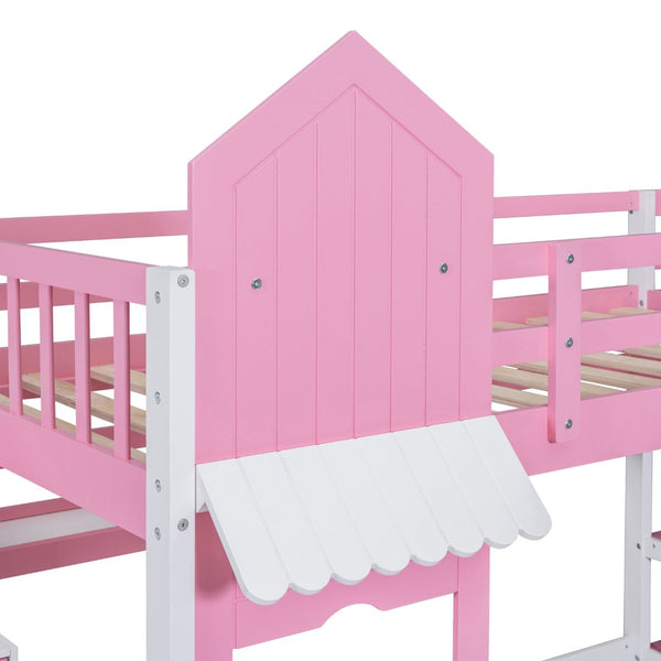 English Elm Twin-over-twin Castle Bunk Bed with Slide Storage Drawers and Shelves for Kids Pink LT000559AAH-3