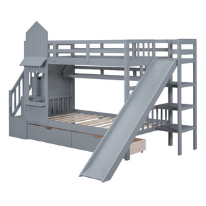English Elm Twin-over-twin Castle Bunk Bed with Slide Storage Drawers and Shelves for Kids Gray LT000559AAE-1