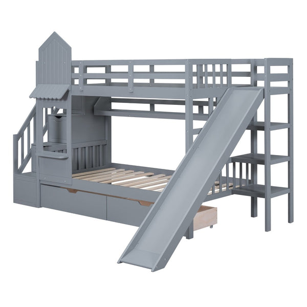 English Elm Twin-over-twin Castle Bunk Bed with Slide Storage Drawers and Shelves for Kids Gray LT000559AAE-2