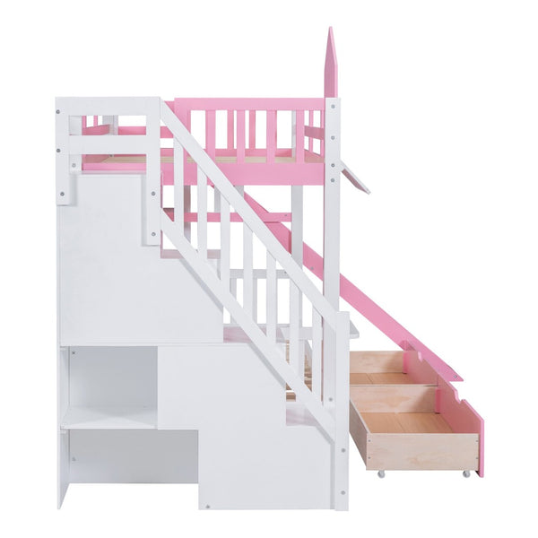 English Elm Twin-over-twin Castle Bunk Bed with Slide Storage Drawers and Shelves for Kids Pink LT000559AAH-3