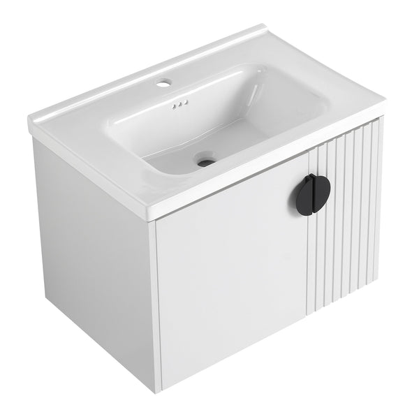 English Elm 28 Inch Wall-Mounted Bathroom Vanity with Ceramic Sink, Wave Dual Doors, Soft-Close Hinges, Durable Finish White W999P146019