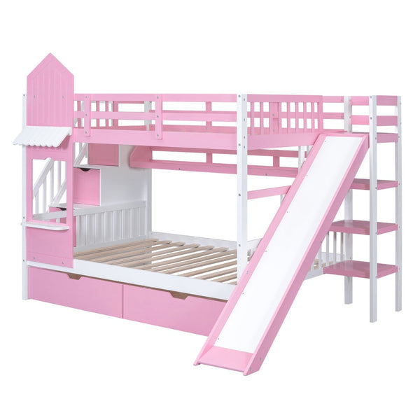 English Elm Full-over-full Castle Bunk Bed with Slide Drawers Shelves Pinewood Kids Frame LT000558AAH-3