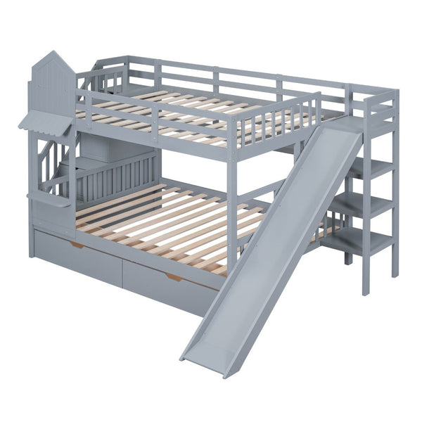 English Elm Full-over-full Castle Bunk Bed with Slide Drawers Shelves Pinewood Kids Frame Gray LT000558AAE-3