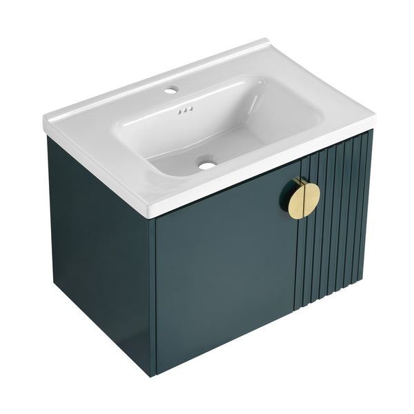 English Elm 28 Inch Wall-Mounted Bathroom Vanity with Ceramic Sink, Wave Dual Doors, Soft-Close Hinges, Durable Finish Green W999P146023