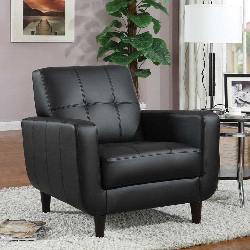 English Elm Black Track Arm Accent Chair with Tufted Faux Leather, Curved Silhouette, Cappuccino Legs — Stylish Transitional Seating for Living Room Comfort and Durability B062P145483