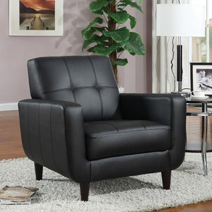 English Elm Black Track Arm Accent Chair with Tufted Faux Leather, Curved Silhouette, Cappuccino Legs — Stylish Transitional Seating for Living Room Comfort and Durability B062P145483