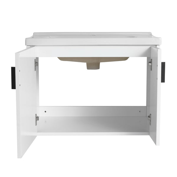 English Elm 28 Inch Wall-Mounted Bathroom Vanity with Ceramic Sink, Wave Dual Doors, Soft-Close Hinges, Durable Finish White W999P146019