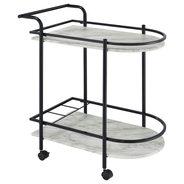 English Elm Black Faux White Marble Serving Cart with 2-Tier Shelves, 3-Bottle Wine Rack & Locking Casters — Sleek Entertaining Station (32" H) B062P145636