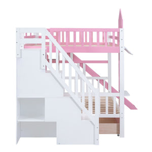 English Elm Full-over-full Castle Bunk Bed with Slide Drawers Shelves Pinewood Kids Frame LT000558AAH-3