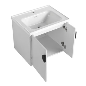 English Elm 24 Inch Wall-Mounted Vanity with Ceramic Sink, Wave Door Accent, Soft-Close Hinges, Eco Plywood Durable Finish White W999P146015