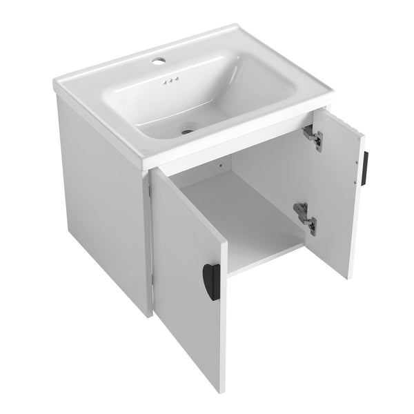 English Elm 24 Inch Wall-Mounted Vanity with Ceramic Sink, Wave Door Accent, Soft-Close Hinges, Eco Plywood Durable Finish White W999P146015