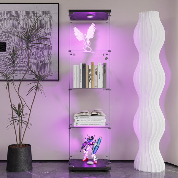English Elm LED Glass Display Cabinet 64.7" Tall with 4 Tempered Glass Shelves, Dustproof Curio Bookcase for Home Black W1806P197871