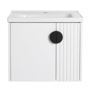 English Elm 24 Inch Wall-Mounted Vanity with Ceramic Sink, Wave Door Accent, Soft-Close Hinges, Eco Plywood Durable Finish White W999P146015
