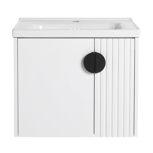 English Elm 24 Inch Wall-Mounted Vanity with Ceramic Sink, Wave Door Accent, Soft-Close Hinges, Eco Plywood Durable Finish White W999P146015