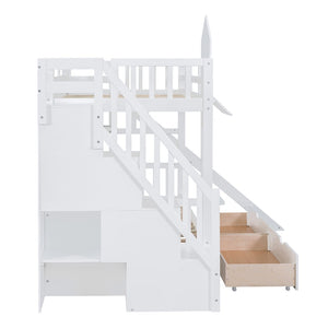 English Elm Twin-over-twin Castle Bunk Bed with Slide Storage Drawers and Shelves for Kids White LT000559AAK-1