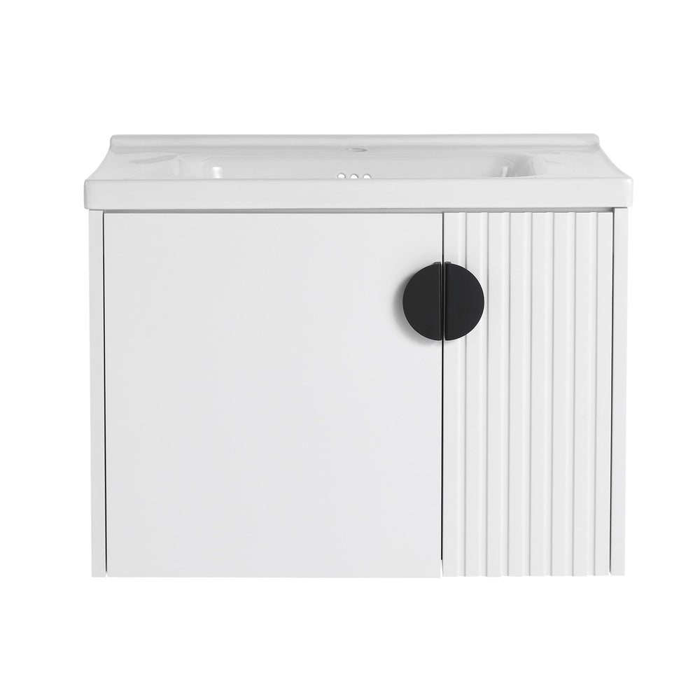 English Elm 28 Inch Wall-Mounted Bathroom Vanity with Ceramic Sink, Wave Dual Doors, Soft-Close Hinges, Durable Finish White W999P146019