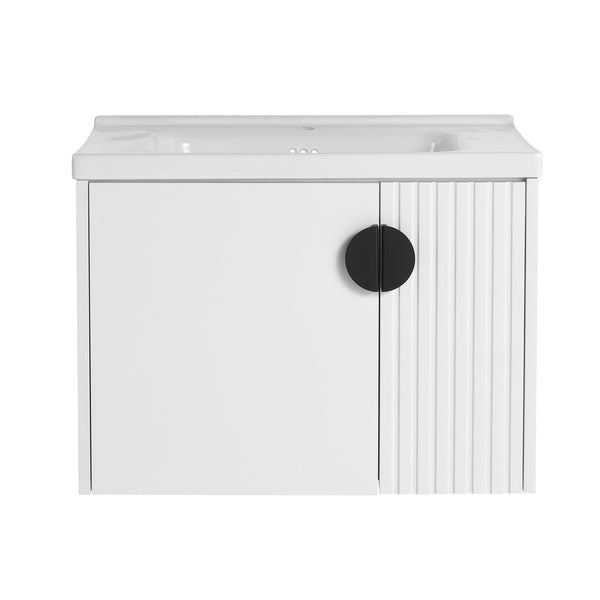 English Elm 28 Inch Wall-Mounted Bathroom Vanity with Ceramic Sink, Wave Dual Doors, Soft-Close Hinges, Durable Finish White W999P146019