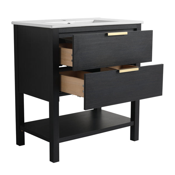 English Elm 30 inch Freestanding Bathroom Vanity with Ceramic Sink, 2 Soft-Close Drawers, Golden Metal Handles, Sturdy Legs, Easy Install — Durable Storage & Elegant Finish W999S00121