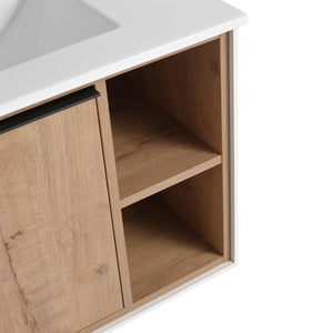English Elm 30'' Floating Wall-Mounted Vanity with Ceramic Sink, Soft-Close Door, Open Shelves, Durable Plywood Finish W999S00123