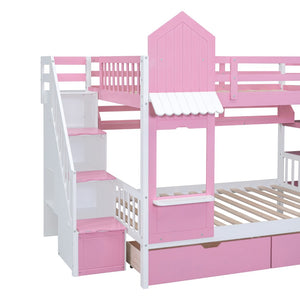 English Elm Full-over-full Castle Bunk Bed with Slide Drawers Shelves Pinewood Kids Frame LT000558AAH-3