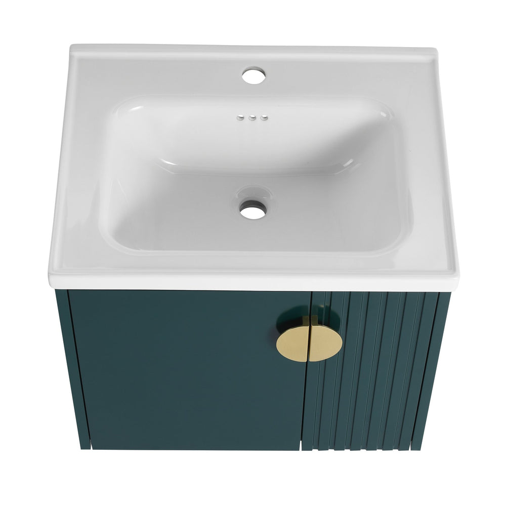 English Elm 24 Inch Wall-Mounted Vanity with Ceramic Sink, Wave Door Accent, Soft-Close Hinges, Eco Plywood Durable Finish White W999P146015