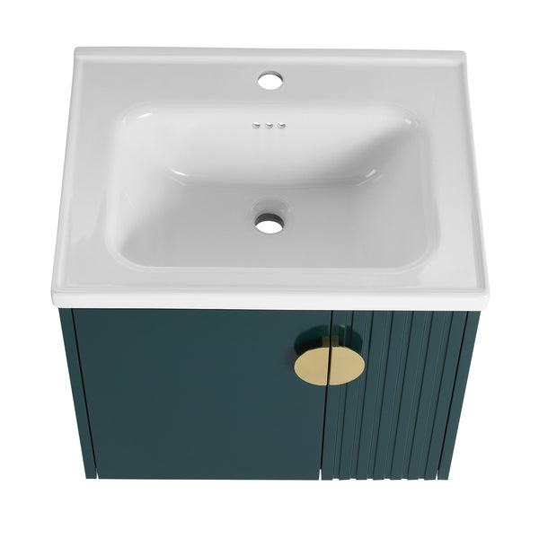 English Elm 24 Inch Wall-Mounted Vanity with Ceramic Sink, Wave Door Accent, Soft-Close Hinges, Eco Plywood Durable Finish Green W999P146018