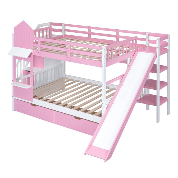 English Elm Full-over-full Castle Bunk Bed with Slide Drawers Shelves Pinewood Kids Frame LT000558AAH-3