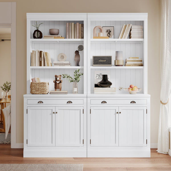 English Elm 83.4"Tall Bookcase Suite with LED Lighting, 2-Piece Modern White Storage Set with Doors Drawers and Adjustable Shelves for Living Room Office (Stylish, Spacious) SR000005AAK