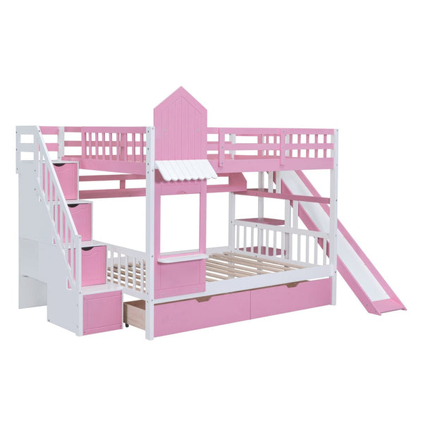 English Elm Full-over-full Castle Bunk Bed with Slide Drawers Shelves Pinewood Kids Frame LT000558AAH-3