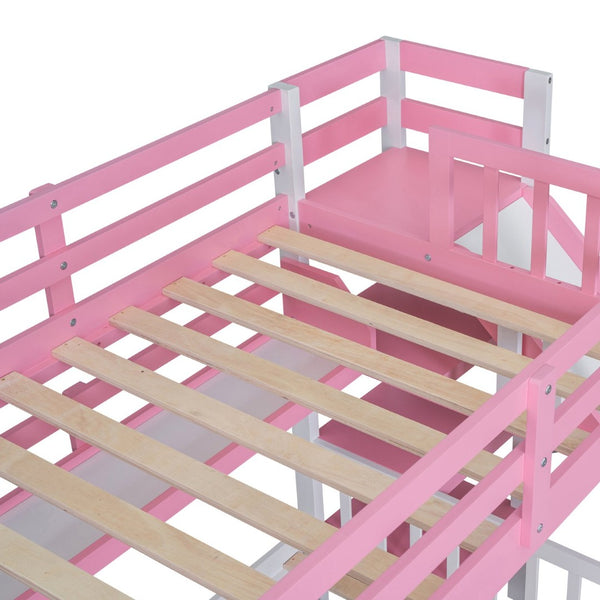 English Elm Twin-over-twin Castle Bunk Bed with Slide Storage Drawers and Shelves for Kids Pink LT000559AAH-3