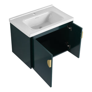 English Elm 28 Inch Wall-Mounted Bathroom Vanity with Ceramic Sink, Wave Dual Doors, Soft-Close Hinges, Durable Finish Green W999P146023