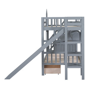 English Elm Twin-over-twin Castle Bunk Bed with Slide Storage Drawers and Shelves for Kids Gray LT000559AAE-1