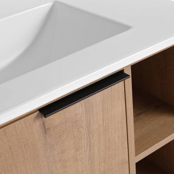 English Elm 30'' Floating Wall-Mounted Vanity with Ceramic Sink, Soft-Close Door, Open Shelves, Durable Plywood Finish W999S00123