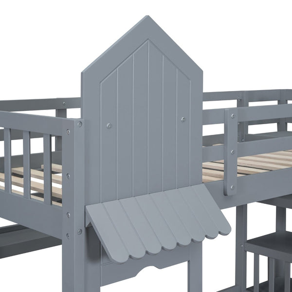 English Elm Twin-over-twin Castle Bunk Bed with Slide Storage Drawers and Shelves for Kids Gray LT000559AAE-2